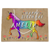 レインボーユニコーンフラワーオールド紙ガール誕生日 ラージペーパーバッグ (正面)