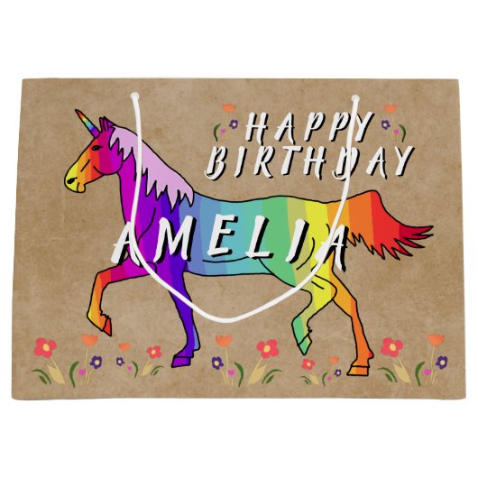 レインボーユニコーンフラワーオールド紙ガール誕生日 ラージペーパーバッグ (正面)