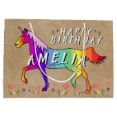 レインボーユニコーンフラワーオールド紙ガール誕生日 ラージペーパーバッグ (裏面)