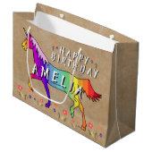 レインボーユニコーンフラワーオールド紙ガール誕生日 ラージペーパーバッグ (正面アングル)