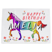 レインボーユニコーンフラワーガール誕生日 ラージペーパーバッグ (正面)