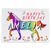 レインボーユニコーンフラワーガール誕生日 ラージペーパーバッグ (裏面)