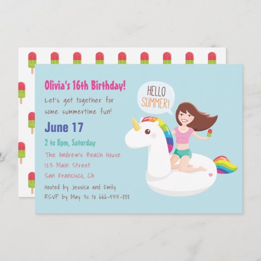 レインボーユニコーンフロートサマーバースデーパーティー 招待状 (正面/裏面)