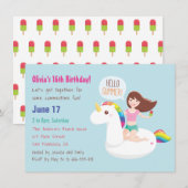 レインボーユニコーンフロートサマー誕生日パーティー 招待状 (正面/裏面)