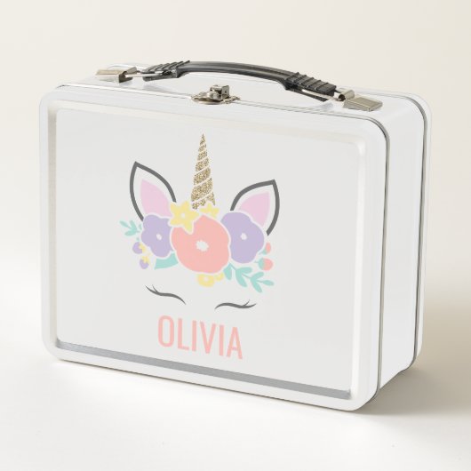 レインボーユニコーンフローラ顔スクールランチボックス メタルランチボックス (正面)