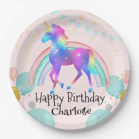 レインボーユニコーンプリンセスグラデーション誕生日パーティー ペーパープレート (正面)