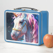 レインボーユニコーンヘッド名前をカスタムするスクリプト文字 メタルランチボックス (インサイチュ)