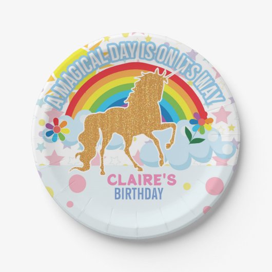 レインボーユニコーンマジカルガールズバースデーパーティードコール ペーパープレート (正面)