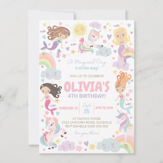 レインボーユニコーンマーメイド誕生日招待状 招待状 (正面)