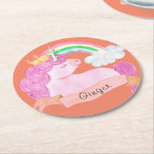 🌈レインボーユニコーン名前をカスタムする  ラウンドペーパーコースター (アングル)