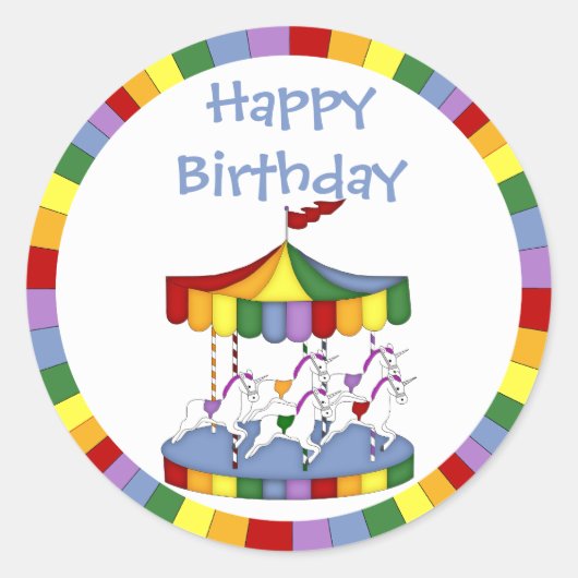 レインボーユニコーン回転木馬誕生日 ラウンドシール (正面)