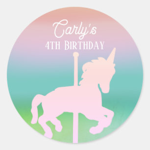 レインボーユニコーン回転木馬誕生日 ラウンドシール