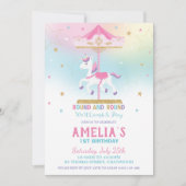 レインボーユニコーン回転木馬1stバースデーガール 招待状 (正面)