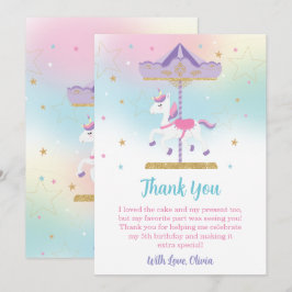レインボーユニコーン回転木馬1st誕生日金ゴールドグリッター サンキューカード