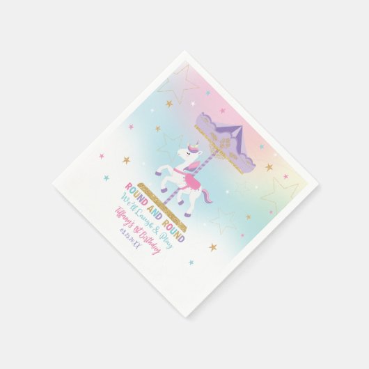 レインボーユニコーン回転木馬1st誕生日金ゴールドグリッター スタンダードカクテルナプキン (角)