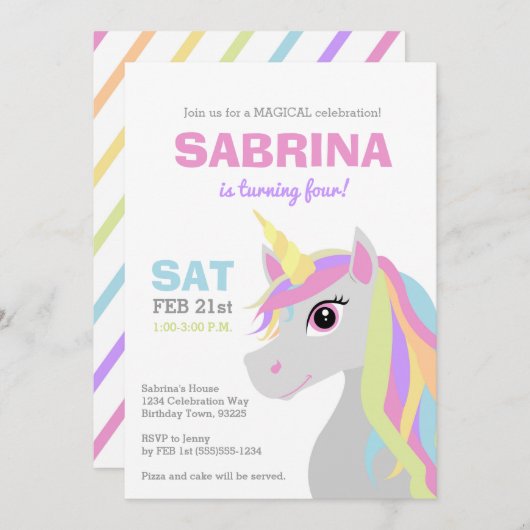 レインボーユニコーン子供の誕生日パーティの招待状 招待状 (正面/裏面)