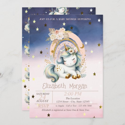 レインボーユニコーン星グラデーション赤ちゃんシャワー 招待状 (正面/裏面)