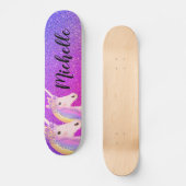 レインボーユニコーン紫ピンクグリッター パーソナライズされた スケートボード (正面)