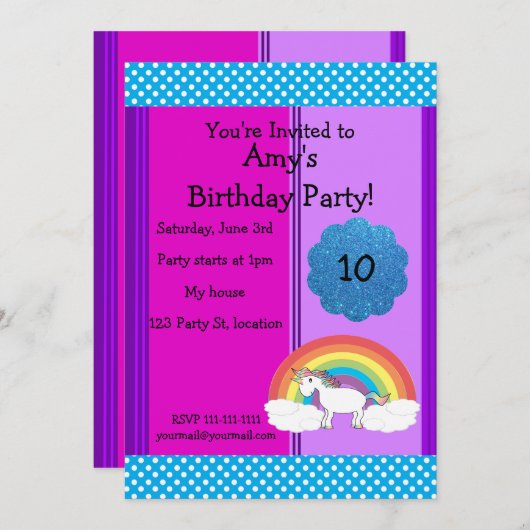 レインボーユニコーン誕生日の招待状 招待状 (正面/裏面)
