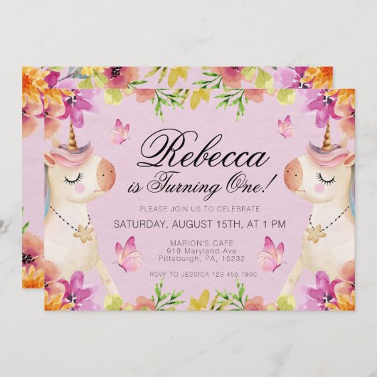 レインボーユニコーン誕生日ガールズ 招待状 (正面/裏面)