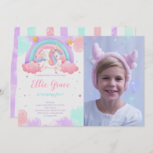 レインボーユニコーン誕生日マジカルユニコーン写真 招待状 (正面/裏面)