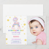 レインボーユニコーン誕生日招待状と写真 招待状 (正面/裏面)