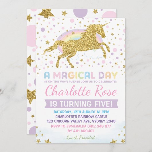 レインボーユニコーン誕生日招待状パーティー招待状 招待状 (正面/裏面)