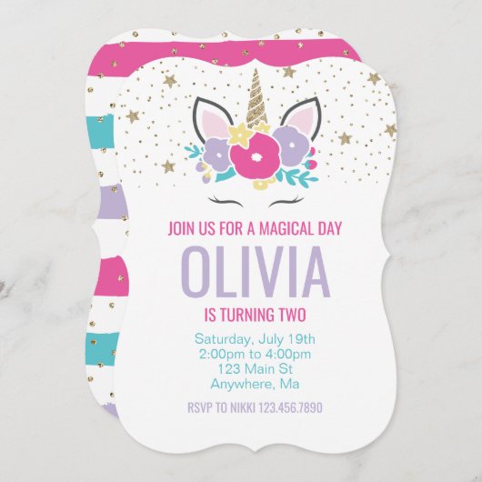 レインボーユニコーン誕生日招待状ピンク&金ゴールド 招待状 (正面/裏面)
