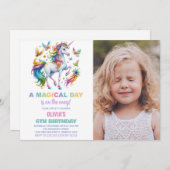 レインボーユニコーン誕生日招待状写真 招待状 (正面/裏面)