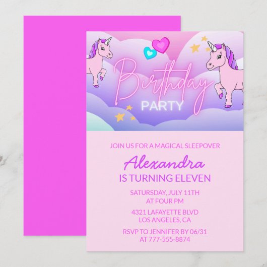 レインボーユニコーン誕生日招待状11th Girl 招待状 (正面/裏面)