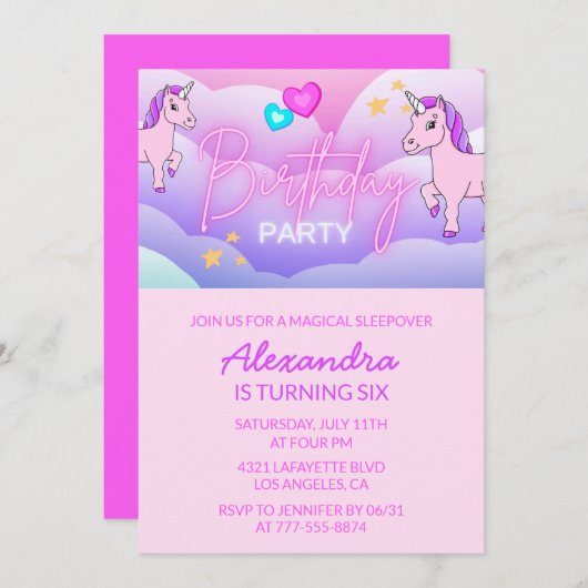 レインボーユニコーン誕生日招待状6th Girl 招待状 (正面/裏面)