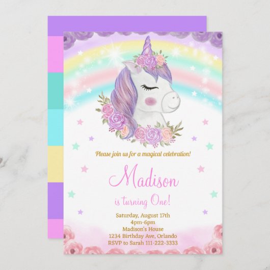 レインボーユニコーン誕生日招待状 招待状 (正面/裏面)