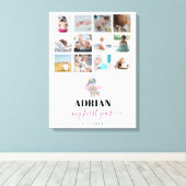 レインボーユニコーン赤ちゃんガール1年写真コラージュ キャンバスプリント (インサイチュ (ウッドフロア))