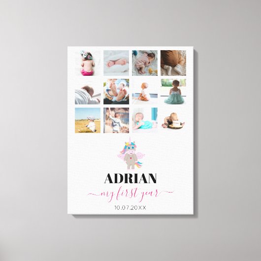 レインボーユニコーン赤ちゃんガール1年写真コラージュ キャンバスプリント (正面)