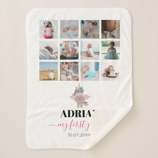レインボーユニコーン赤ちゃんガール1年写真コラージュ シェルパブランケット (正面)