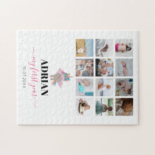 レインボーユニコーン赤ちゃんガール1年写真コラージュ ジグソーパズル (横)