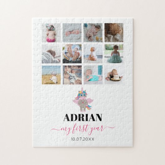 レインボーユニコーン赤ちゃんガール1年写真コラージュ ジグソーパズル (縦)
