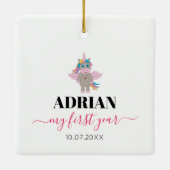 レインボーユニコーン赤ちゃんガール1年写真コラージュ セラミックオーナメント (裏面)