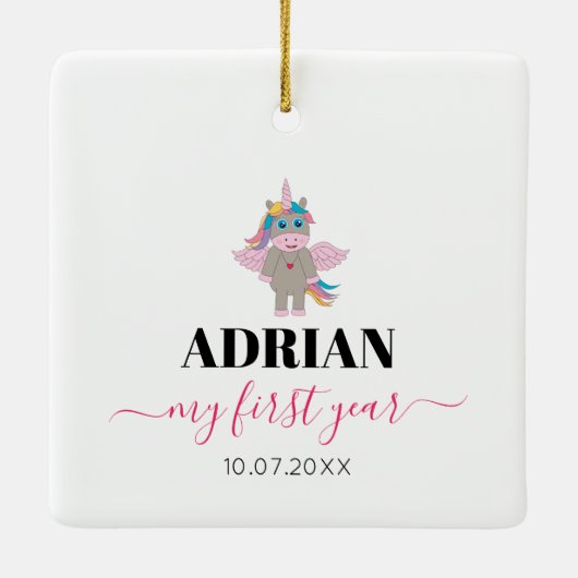 レインボーユニコーン赤ちゃんガール1年写真コラージュ セラミックオーナメント (裏面)