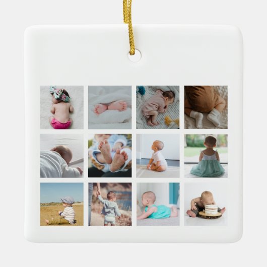 レインボーユニコーン赤ちゃんガール1年写真コラージュ セラミックオーナメント (正面)