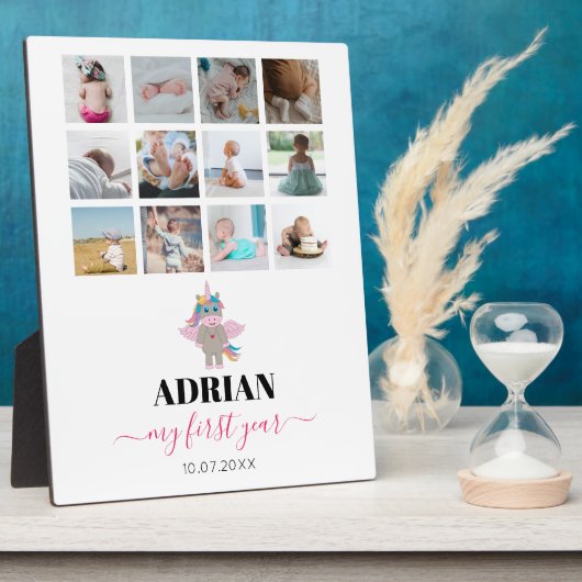 レインボーユニコーン赤ちゃんガール1年写真コラージュ フォトプラーク (側面)