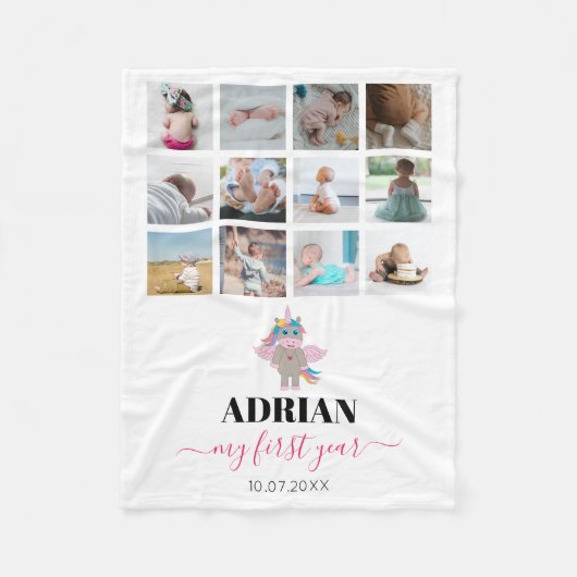 レインボーユニコーン赤ちゃんガール1年写真コラージュ フリースブランケット (正面)