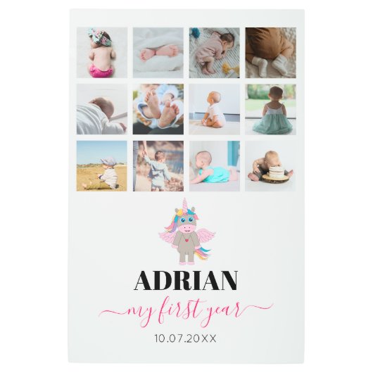 レインボーユニコーン赤ちゃんガール1年写真コラージュ メタルプリント (正面)