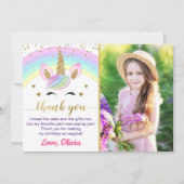 レインボーユニコーン金ゴールドグリッターガール誕生日写真 サンキューカード (正面)