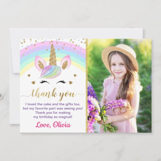レインボーユニコーン金ゴールドグリッターガール誕生日写真 サンキューカード (正面)