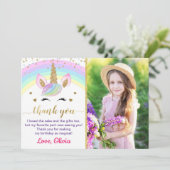 レインボーユニコーン金ゴールドグリッターガール誕生日写真 サンキューカード (スタンド正面)