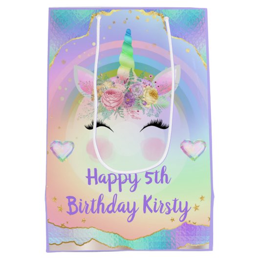 レインボーユニコーン顔ハッピーバースデー ミディアムペーパーバッグ (裏面)