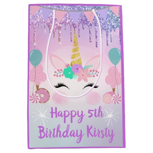 レインボーユニコーン顔&スイーツ誕生日 ミディアムペーパーバッグ (正面)