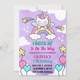 レインボーユニコーン1stバースデーパーティーガール 招待状