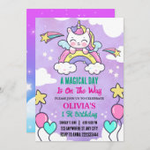 レインボーユニコーン1stバースデーパーティーガール 招待状 (正面/裏面)